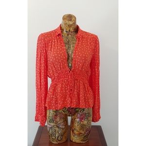Free people top blouse LARGE red white long sleeve